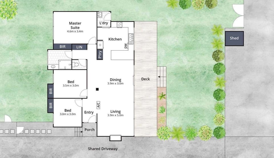 The car space is at the rear of the property, with fully fenced boundaries providing a safe place for children to play
