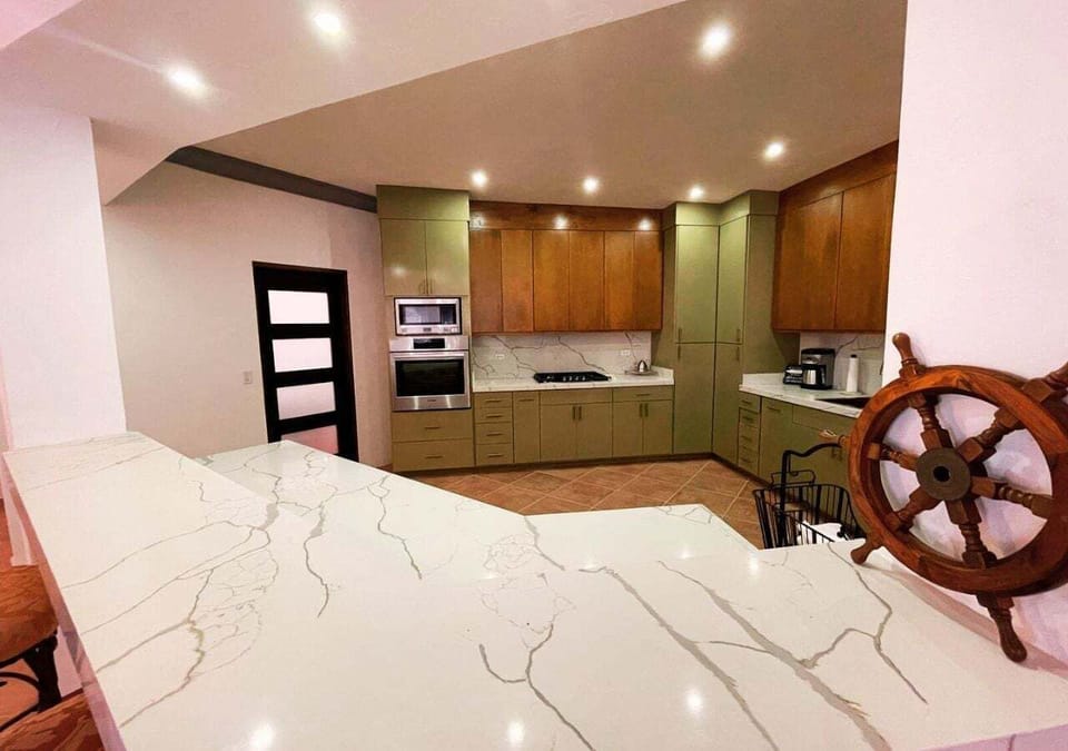 The modern and spacious kitchen has all the essentials for preparing home cooked meals .