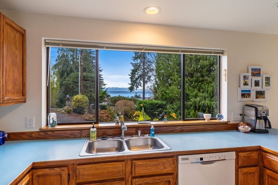 Watch the ferry and other vessels on the Puget Sound while you wash dishes.