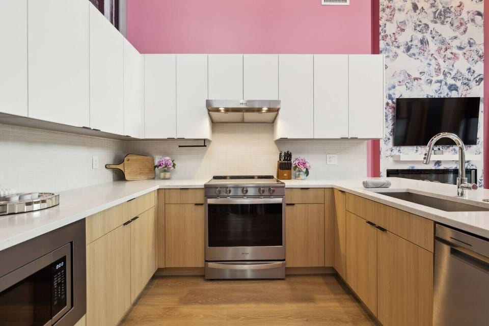 Kitchen is stocked with everything you`d need to make a home cooked meal. Keurig and coffee pods provided