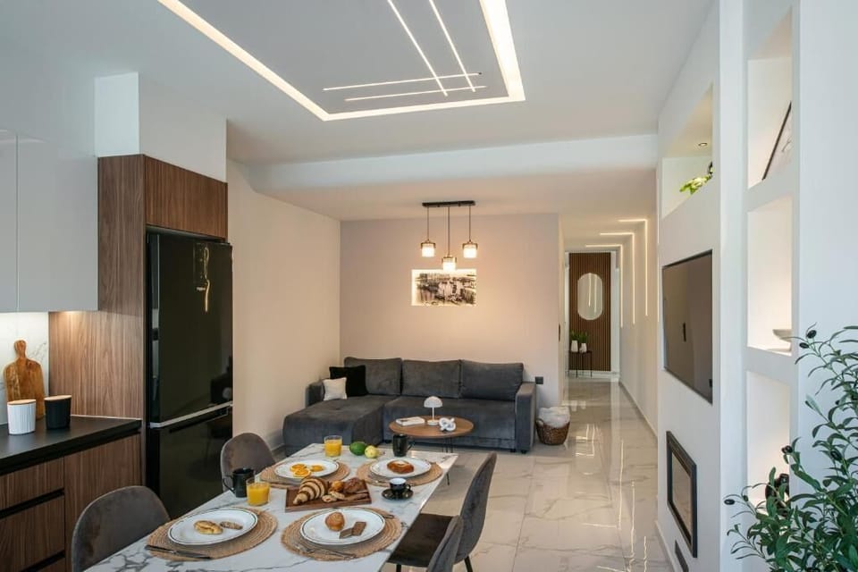 Kitchen and dining area and living room