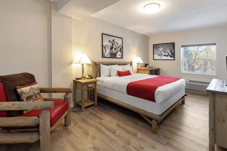 Sink into a rustic retreat with warm ламplight and calm.