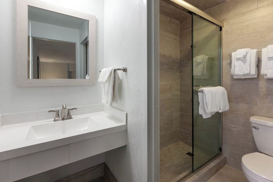 Refresh effortlessly in a sleek shower with fluffy towels.