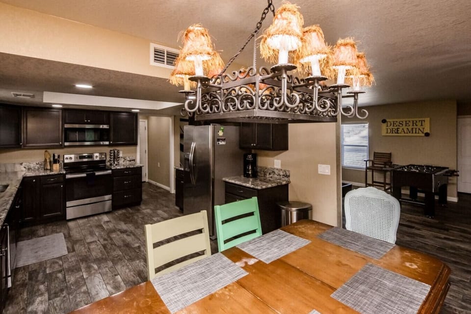 Fully stocked kitchen and a large dining table  seats 6 people