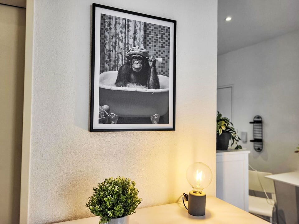 Wall, Interior Design, Picture Frame, Lighting, Room, Ceiling, Light Fixture, Lamp, Houseplant, Modern Art