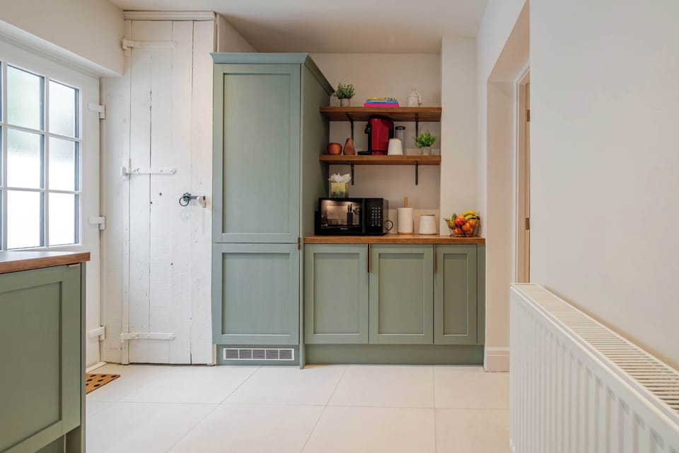 Microwave, fridge freezer, storage space