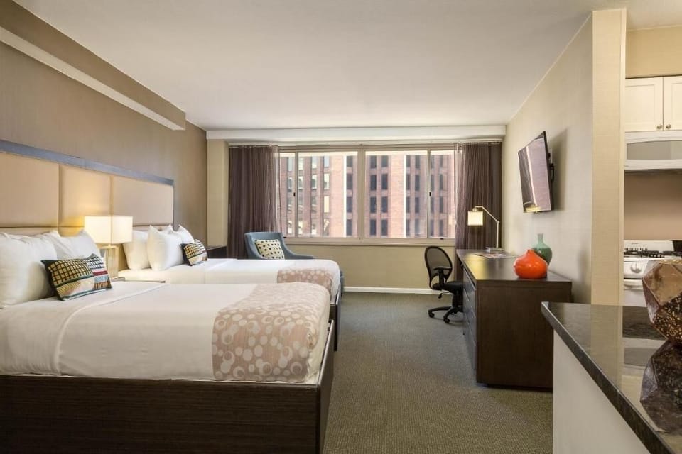 Settle in with two comfy beds and an easy kitchenette.