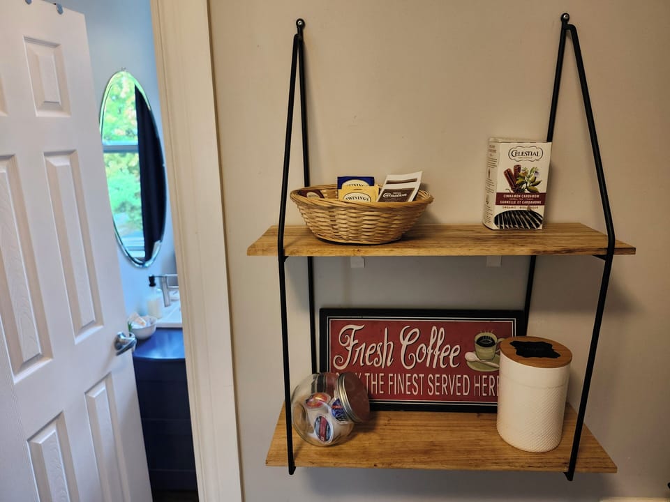 Enjoy a variety of coffee, tea, and hot chocolate, sugar packets, and creamers