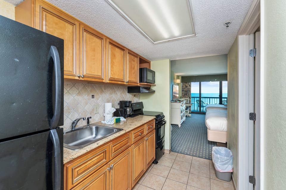 Kitchen area featuring a full-size fridge and sink.