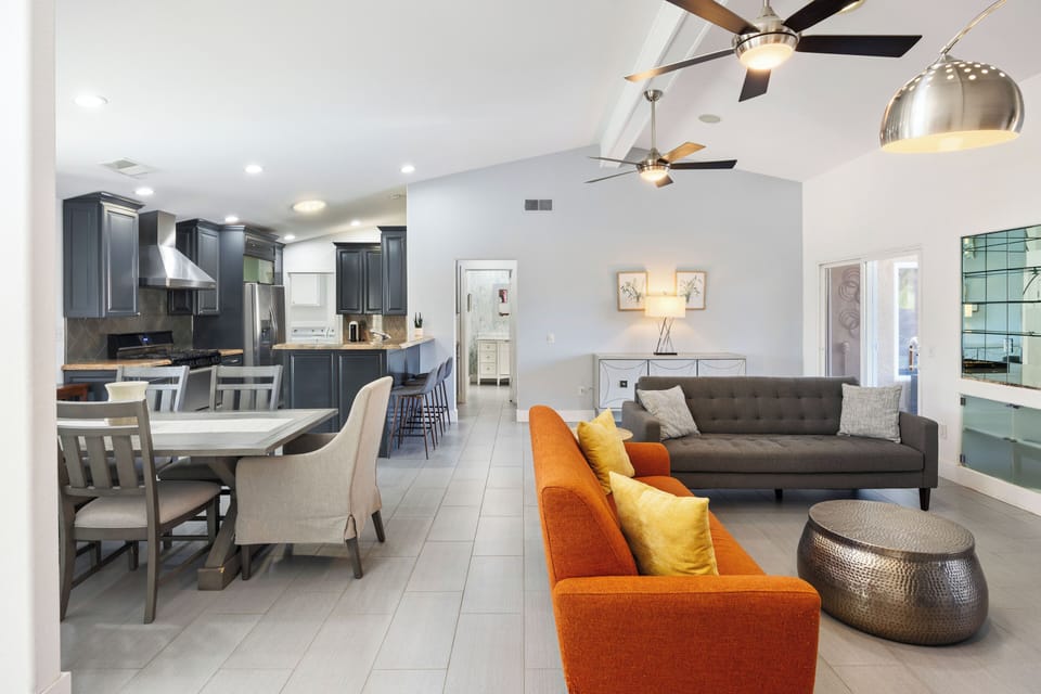 Open-plan living and dining with views straight through to the kitchen.
