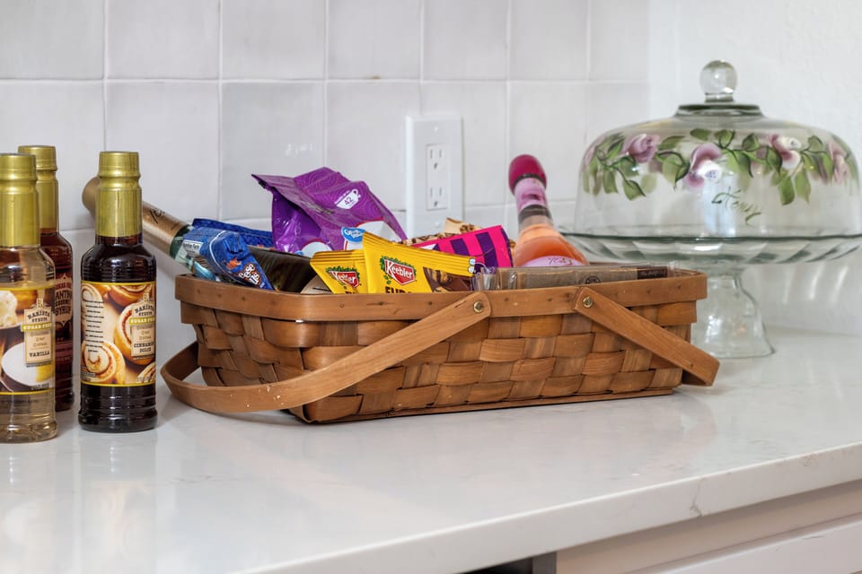 Coffee bar with syrup and welcome basket