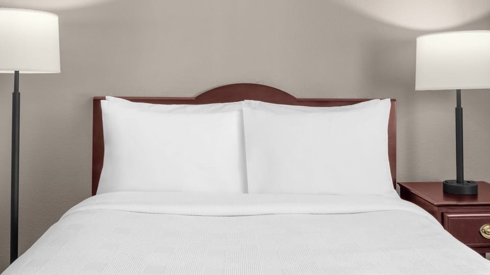 Drift off on crisp linens framed by warm bedside lighting.