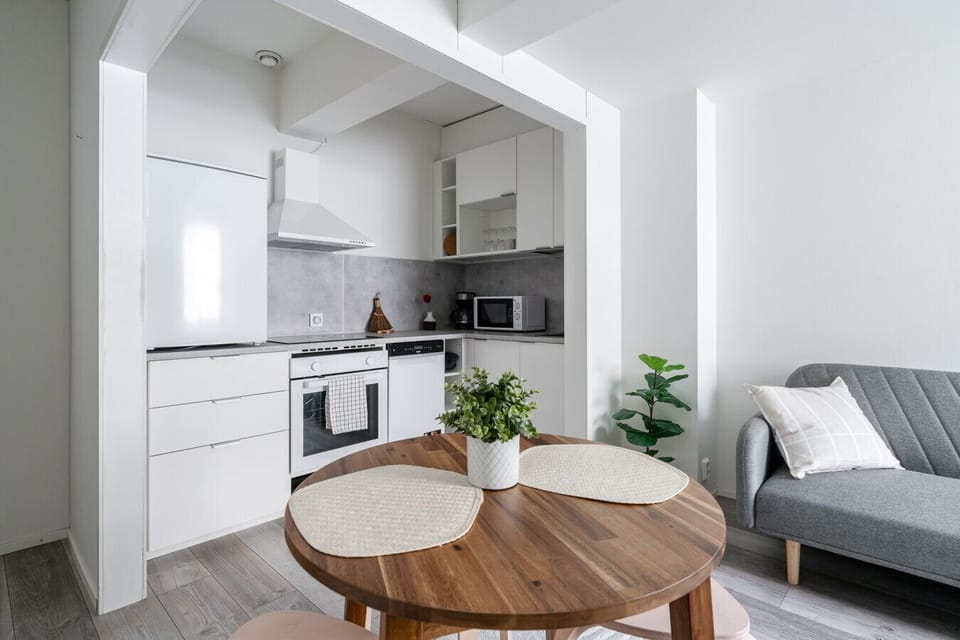 Apartment living room, dininf area and kitchen