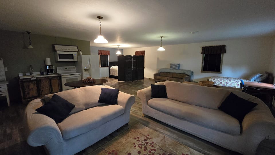 One room cabin. You are seeing kitchen, living room, and bedroom area.