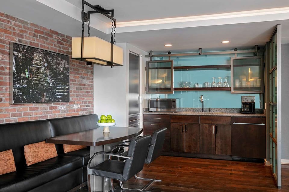 Pour a nightcap and prep snacks at the chic wet bar.