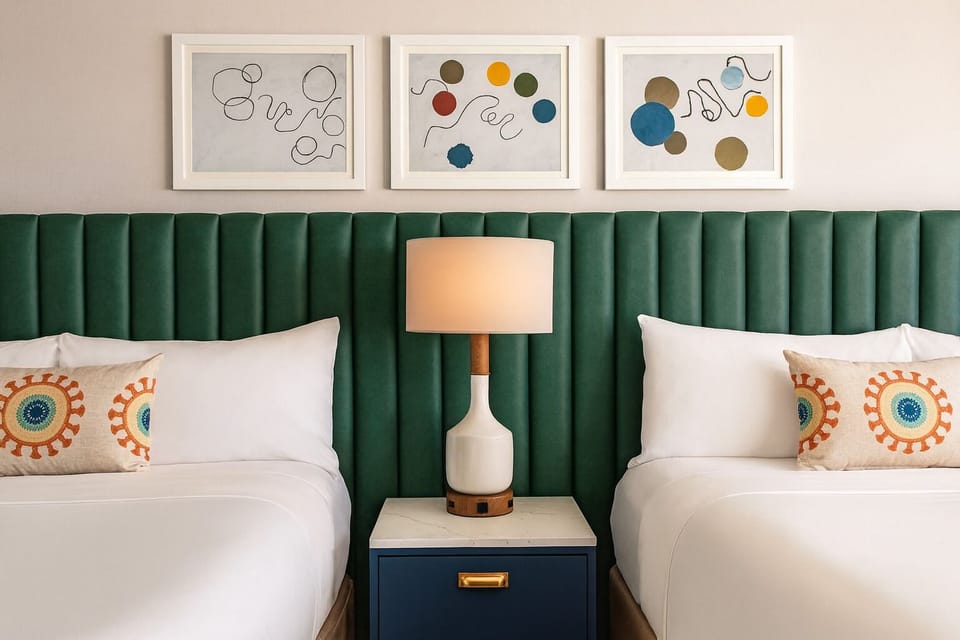 Drift off beneath statement headboards and cloud-soft pillows.