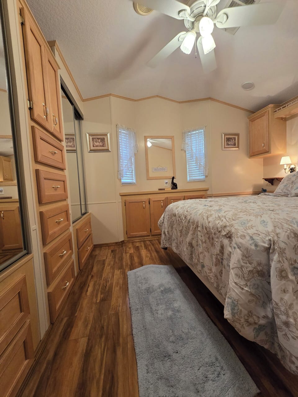 Bedroom with queen bed and lots of storage space
