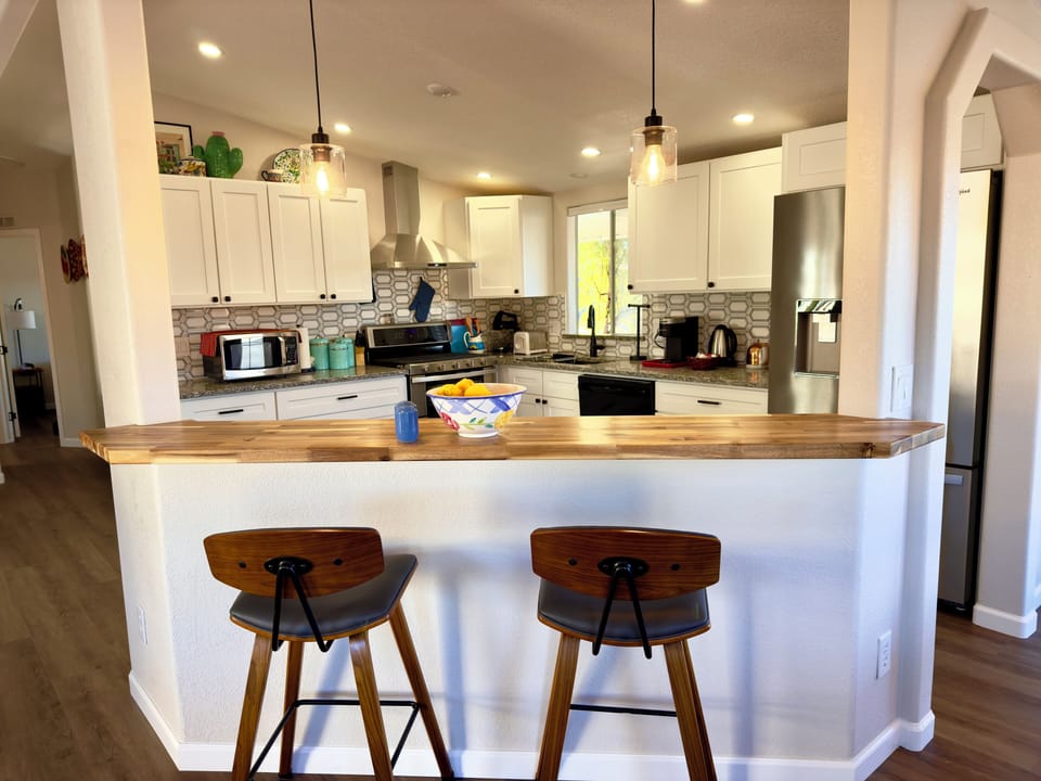 Snack at the beautiful butcher block island