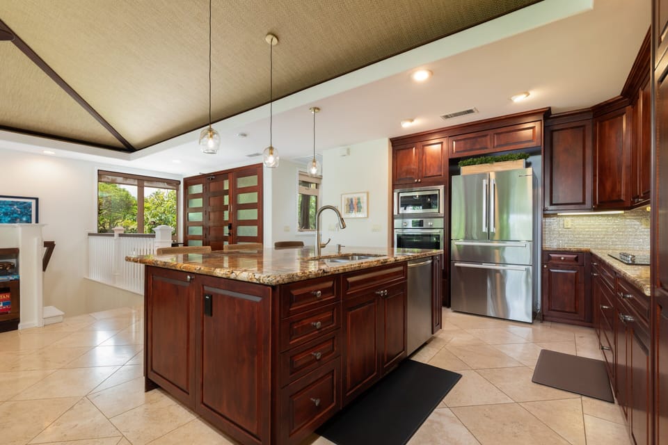 Enjoy creating delicious island inspired meals in the gourmet kitchen. AA wonderful supply of spices, oil, vinegar and essentials are provided