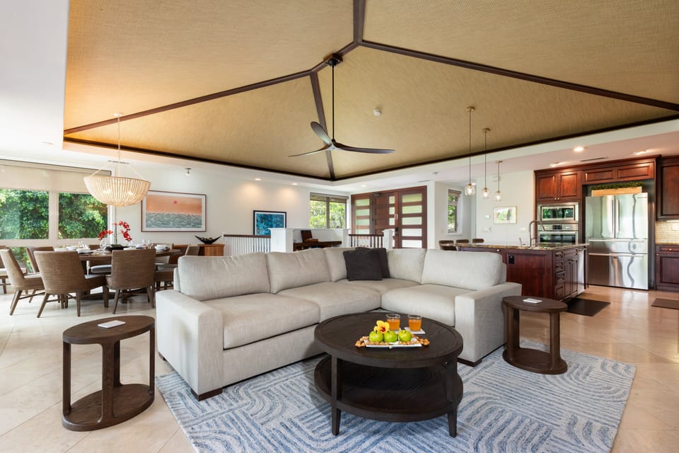 Open concept home with New Restoration Hardware furniture and comfy Luxe sectional.    Brand new 75" TV.