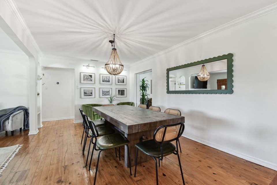 Rustic-modern dining table in a stylish space.