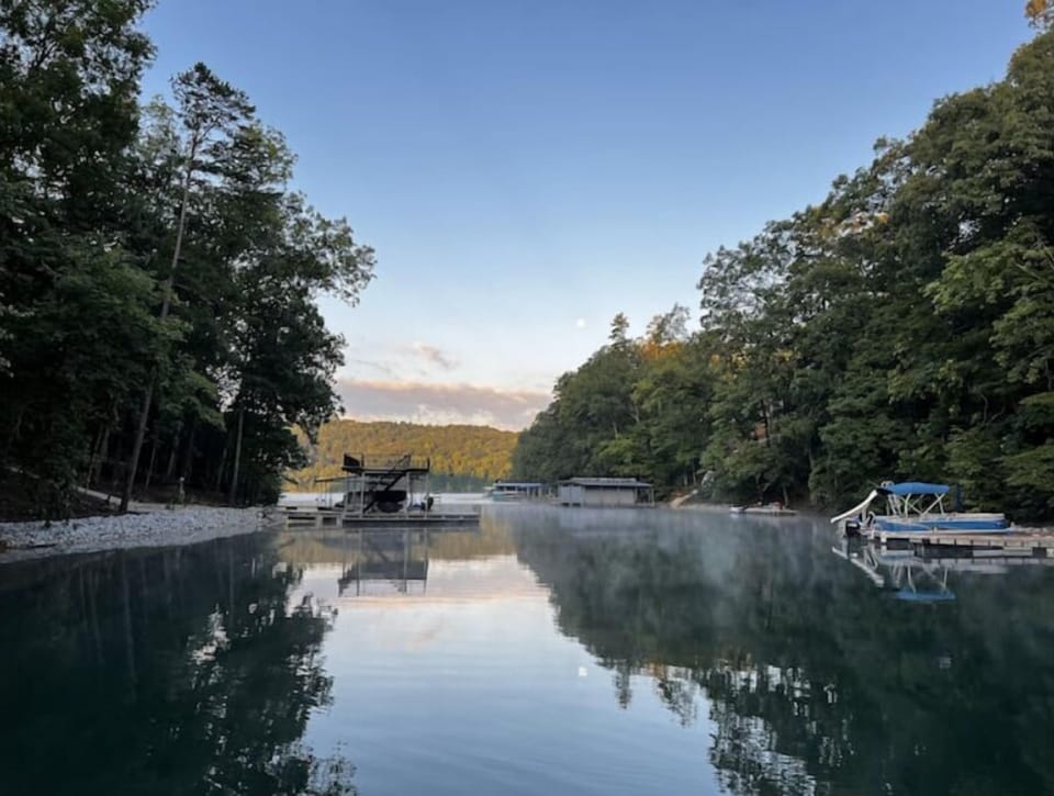 Looking out the cove from our dock in the morning