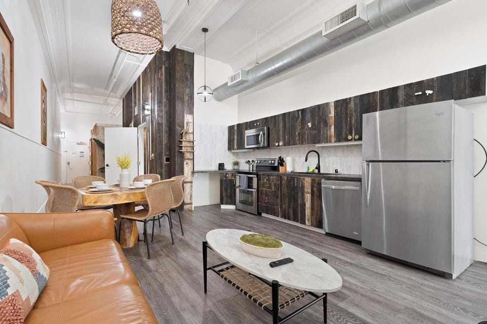 Open-plan kitchen and lounge with stylish furnishings