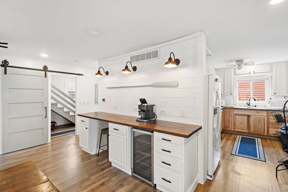 Coffee maker, beverage fridge, and a work station 
