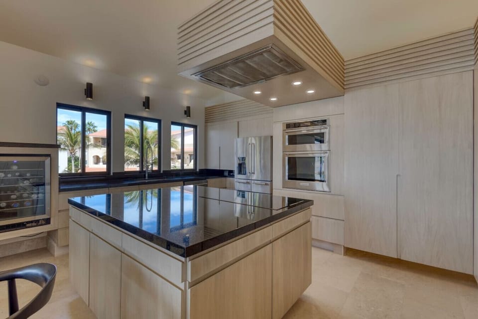 Modern appliances and large prep island.