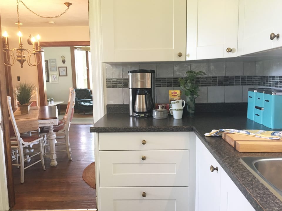 Kitchen, dining room, living room view