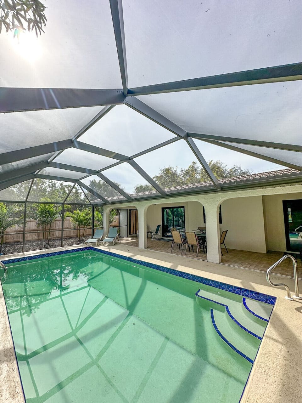 Screened in pool area with covered patio