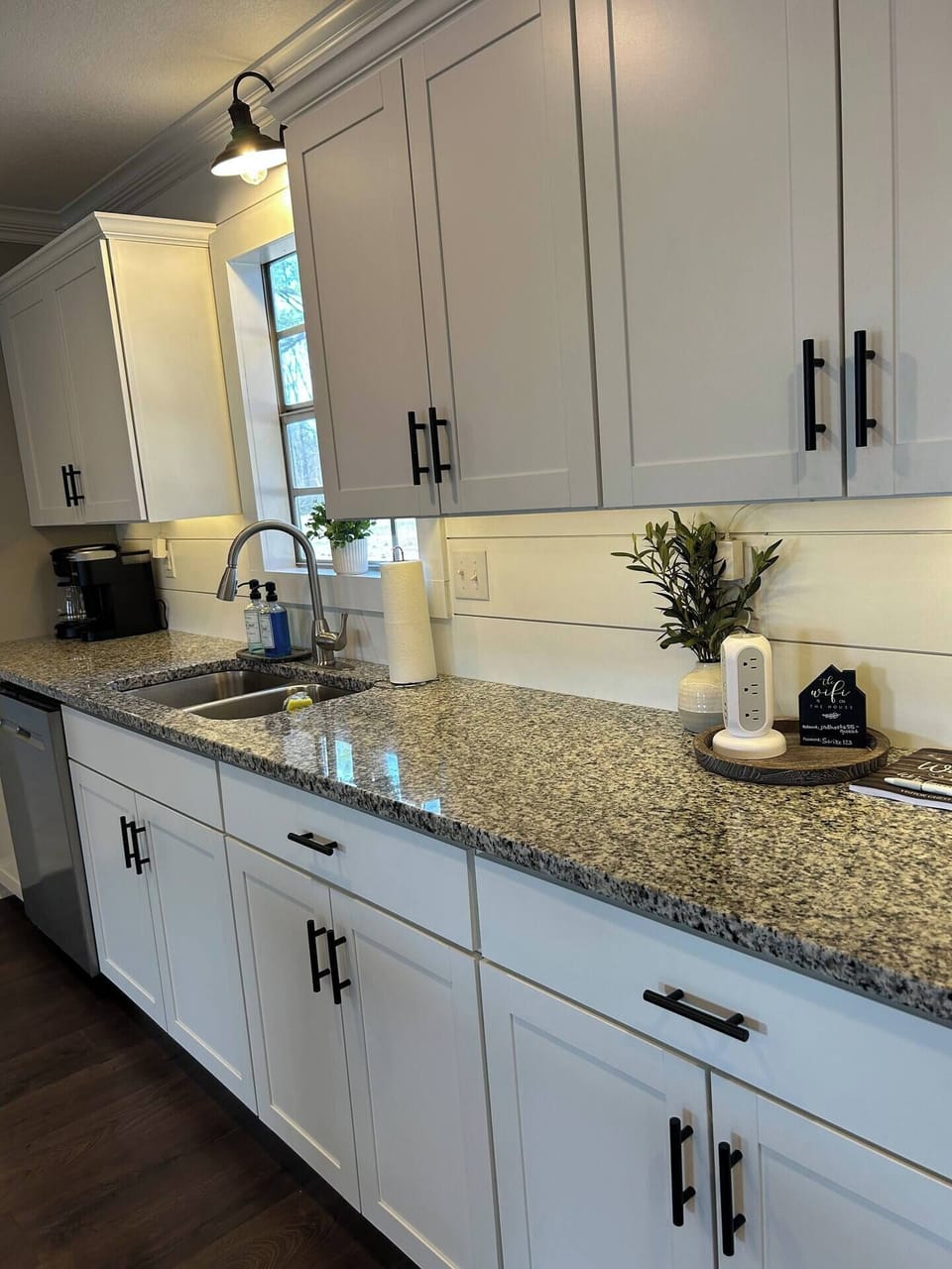 Spacious kitchen with plenty of counter space.  Fully stocked kitchen with pots, pans, baking sheets, pizza pan, casserole dishes, toaster, blender, air fryer, crockpot and all cooking essentials.