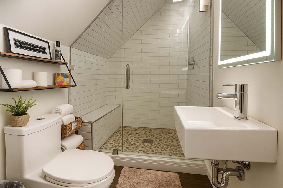 Modern spa-style bathroom — sleek glass shower, warm lighting, and calming design.