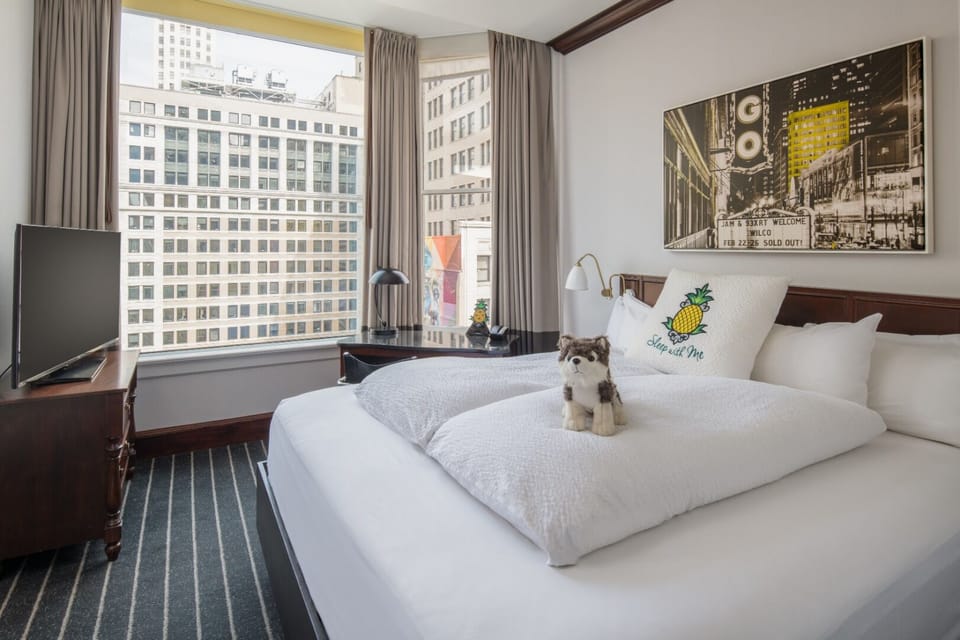 Wake up to sunlit city views from your cozy bed.