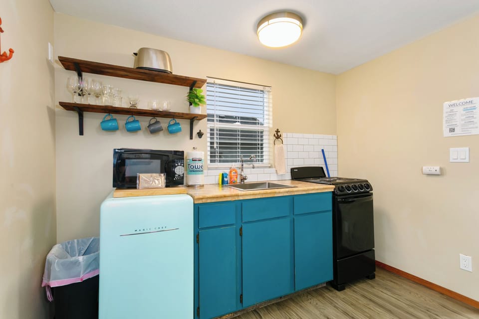 Colorful kitchen with modern essentials for easy meals