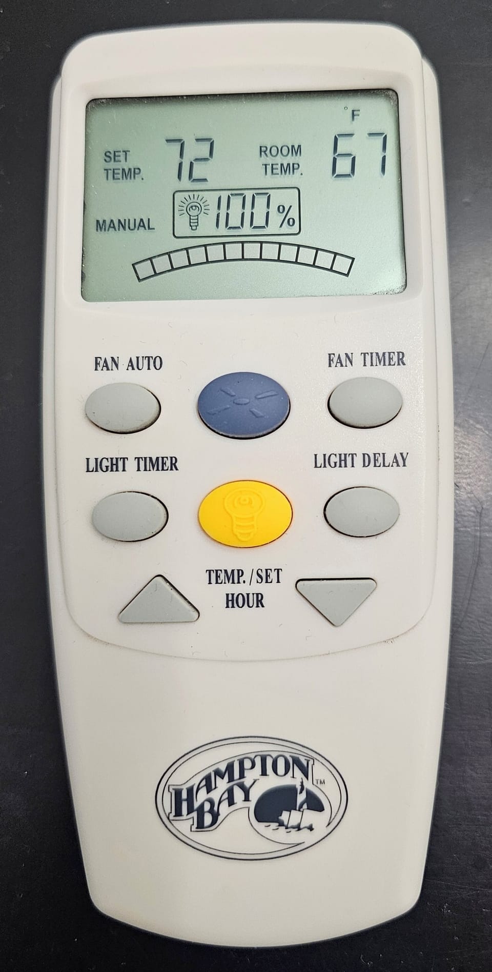This remote control is used to operate the ceiling fan and lights.
