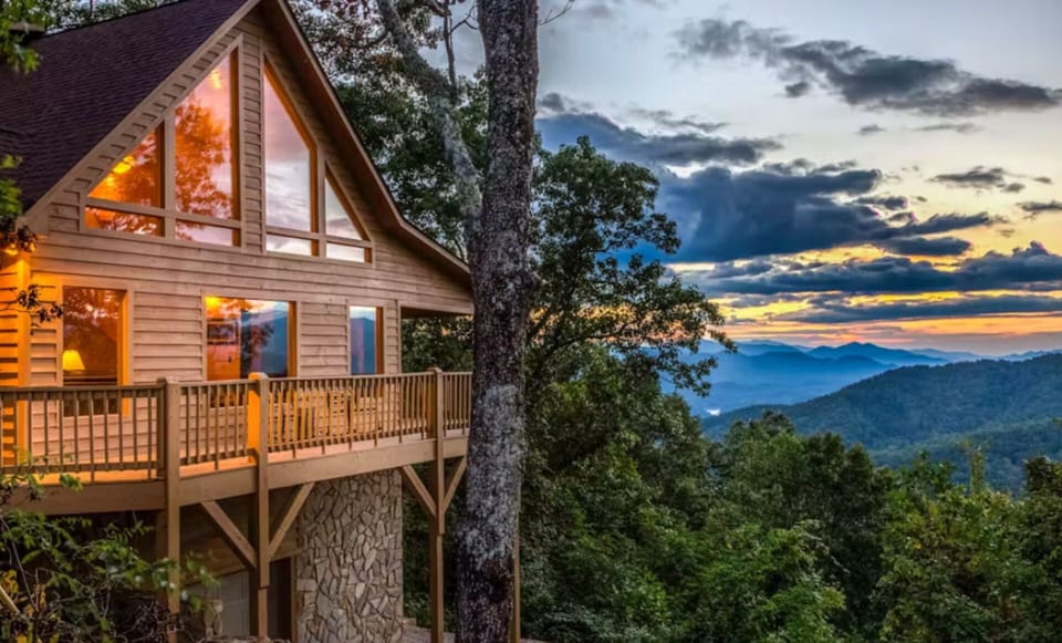 Evening mountain views light up this private cabin rental near Bryson City, perfect for a peaceful Smoky Mountain getaway