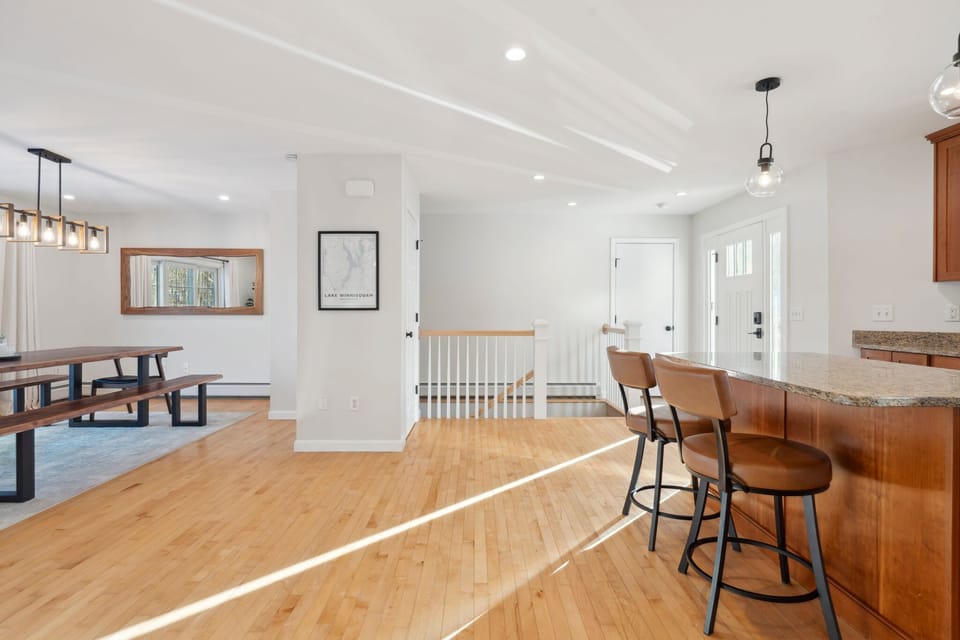 Fully equipped kitchen with all necessary utensils with updated appliances. Open concept kitchen and dining area. Seating for 2 at the island