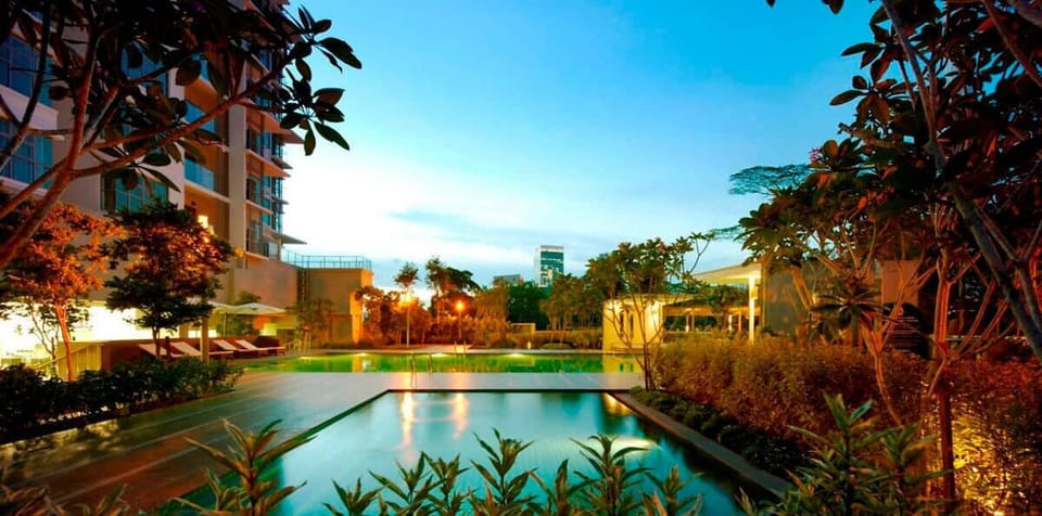 *A beautiful outdoor pool at night. *Open with restrictions.