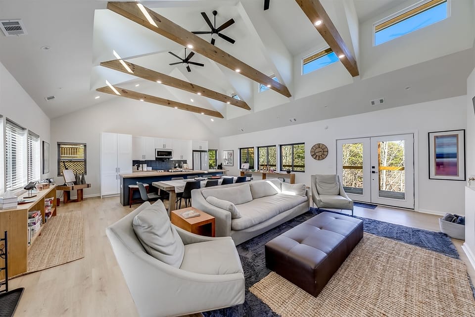 Spacious living room open to kitchen and dining