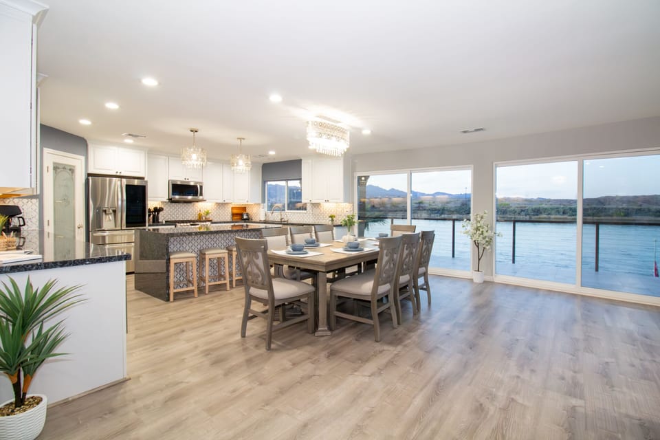 Breathtaking views from the main floor open concept kitchen-dining-living room.