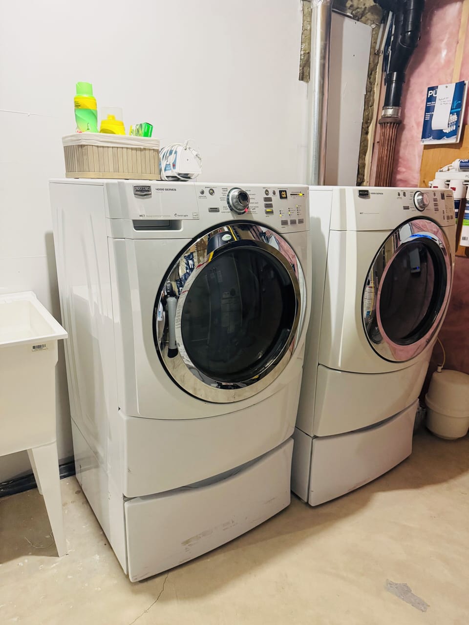 Washer dryer, detergent, softer, iron, iron stand, extra chairs