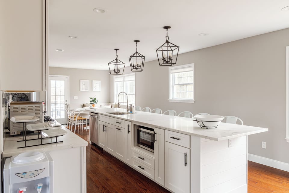 Looking over the immense kitchen island.