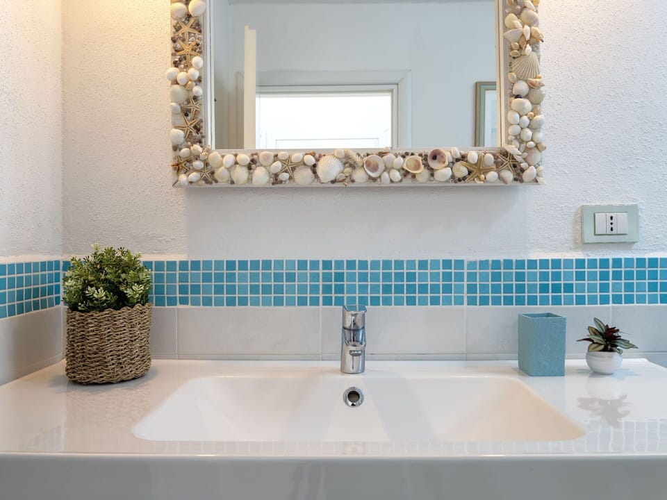 Blue, Plumbing Fixture, Bathroom, Interior Design, Tap, Bathroom Sink, Plumbing, Sink, Tile, Mirror