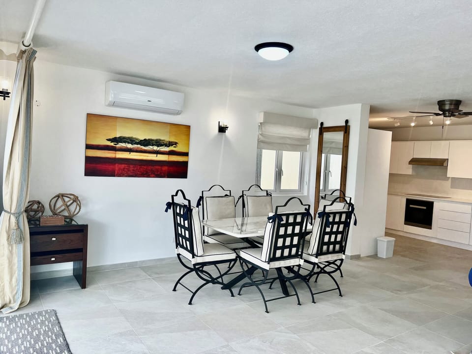Dining table that seats six. 