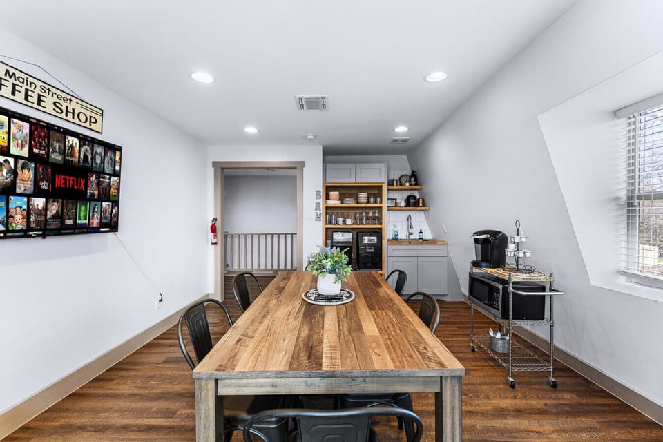 Charming dining area with a cozy coffee station.