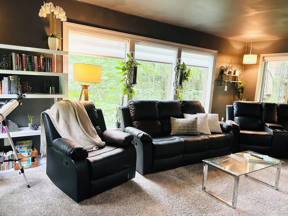 Cozy Lower-Level Living Room | Smart TV & Peaceful Woodland Views