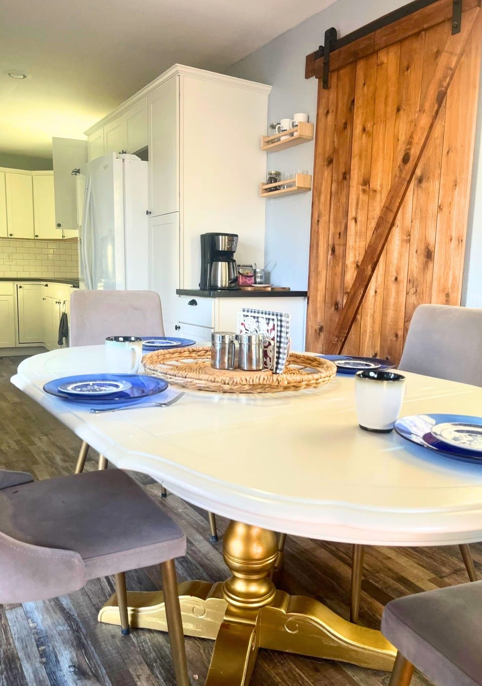 Our spacious dining room, just off the kitchen sits 6 comfortably. 