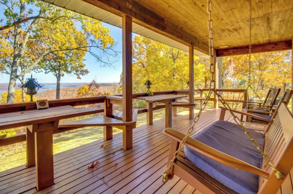 Panoramic views of Lake Norfork from the covered deck
