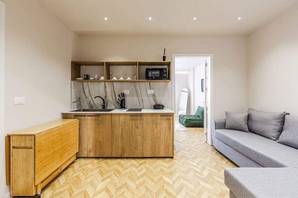Living room and fully-equipped kitchen